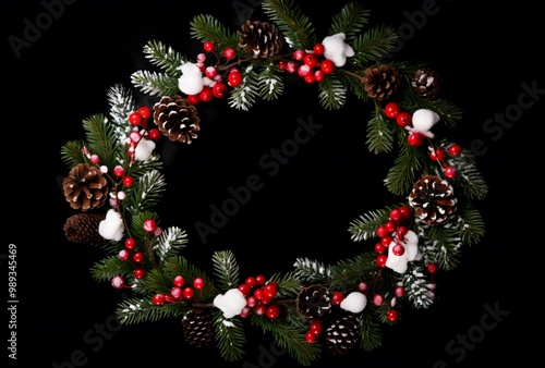 Christmas Wreath Frame with Snow, Berries & Pine Cones photo