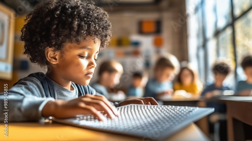 Focused young boy learning to read braille in an inclusive classroom