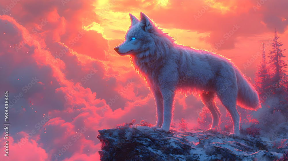 White Wolf Standing on Clifftop at Sunset Illustration White Wolf Standing on Clifftop at Sunset Illustration