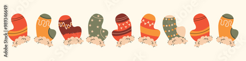 Collection winter mitten isolated on white. Hand drawn illustration set pair of mittens different colors. Warm cozy clothing items. Knitted season.