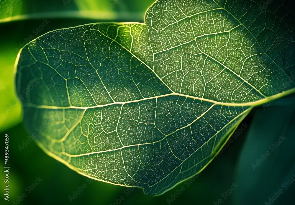 Intricate Green Leaf Texture with Sunlit Veins Intricate Green Leaf Texture with Sunlit Veins