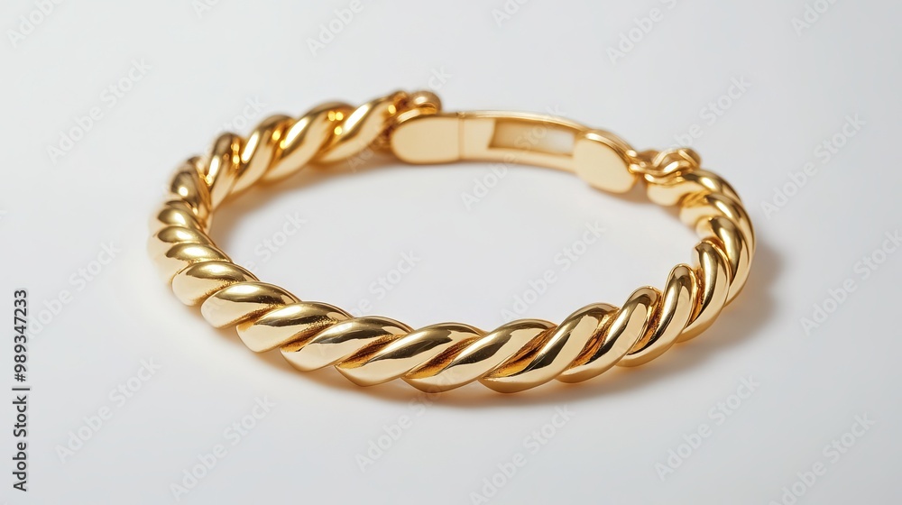 A shiny gold bracelet, shown alone against a plain white backdrop. A shiny gold bracelet, shown alone against a plain white backdrop.