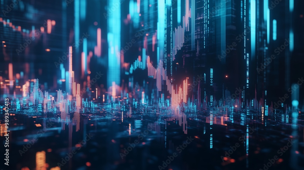 Abstract digital landscape with glowing data visualization patterns representing modern technology and its impact on society Abstract digital landscape with glowing data visualization patterns representing modern technology and its impact on society