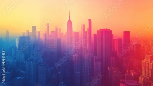 Vibrant sunset skyline of modern city with prominent skyscrapers during twilight