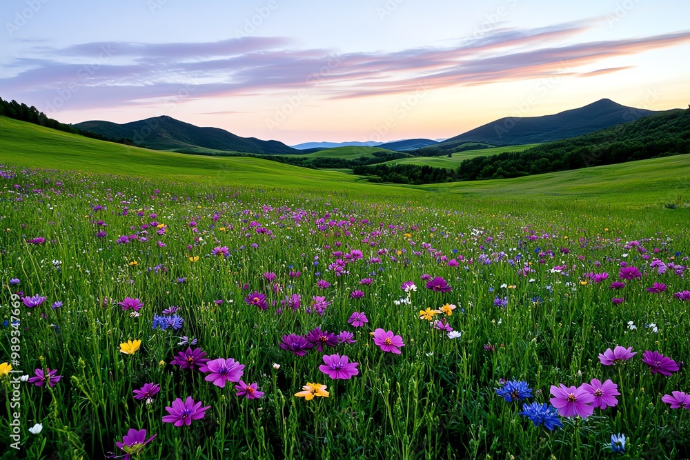 A field of vibrant wildflowers, stretching toward the horizon with rolling green hills in the background under a pastel-colored sky A field of vibrant wildflowers, stretching toward the horizon with rolling green hills in the background under a pastel-colored sky