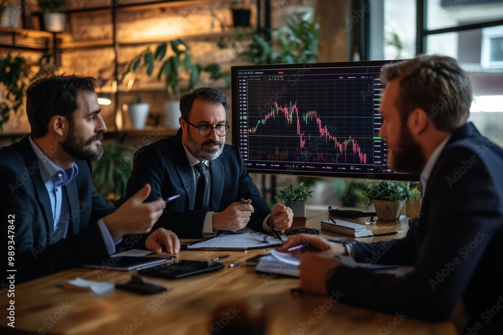 Fototapeta premium Business professionals discussing market trends at a modern office with stock charts displayed on a large monitor during a meeting