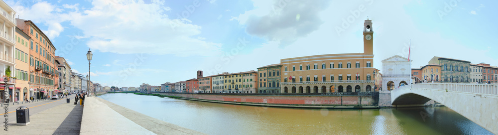 Naklejka premium Lungarno Galilei, the neighborhood along the bank of the Arno River in Pisa, Tuscany, Italy