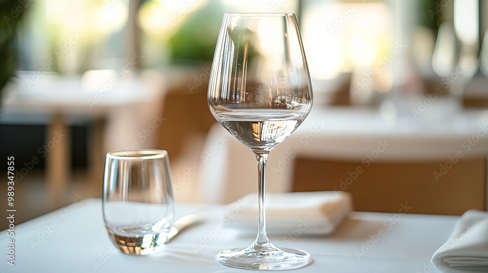 A single wine glass sits on the table, holding a small amount of water. A single wine glass sits on the table, holding a small amount of water.