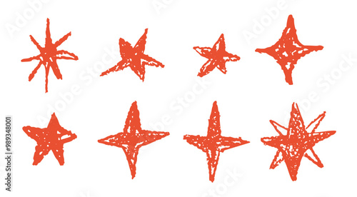 Set of red chalk drawing stars. Shine or sparkle doodle collection. Children style red wax pencil handdrawing elements of night sky. Crayon scratch grunge texture star shapes. Vector illustration