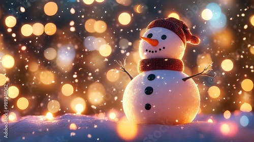 A snowman, created using computer graphics, stands against a backdrop of twinkling lights. Happy Holidays!