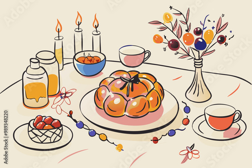 Cozy Home Dinner Illustration with Festive Table Setting