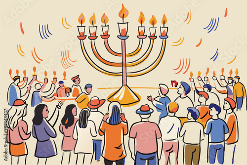 Joyful Hanukkah Celebration with Traditional Menorah and Gathered Community