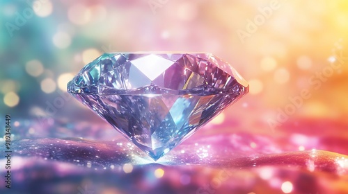 A sparkling crystal stands out against a colorful background. It's a beautiful, luxurious diamond, shining brightly.