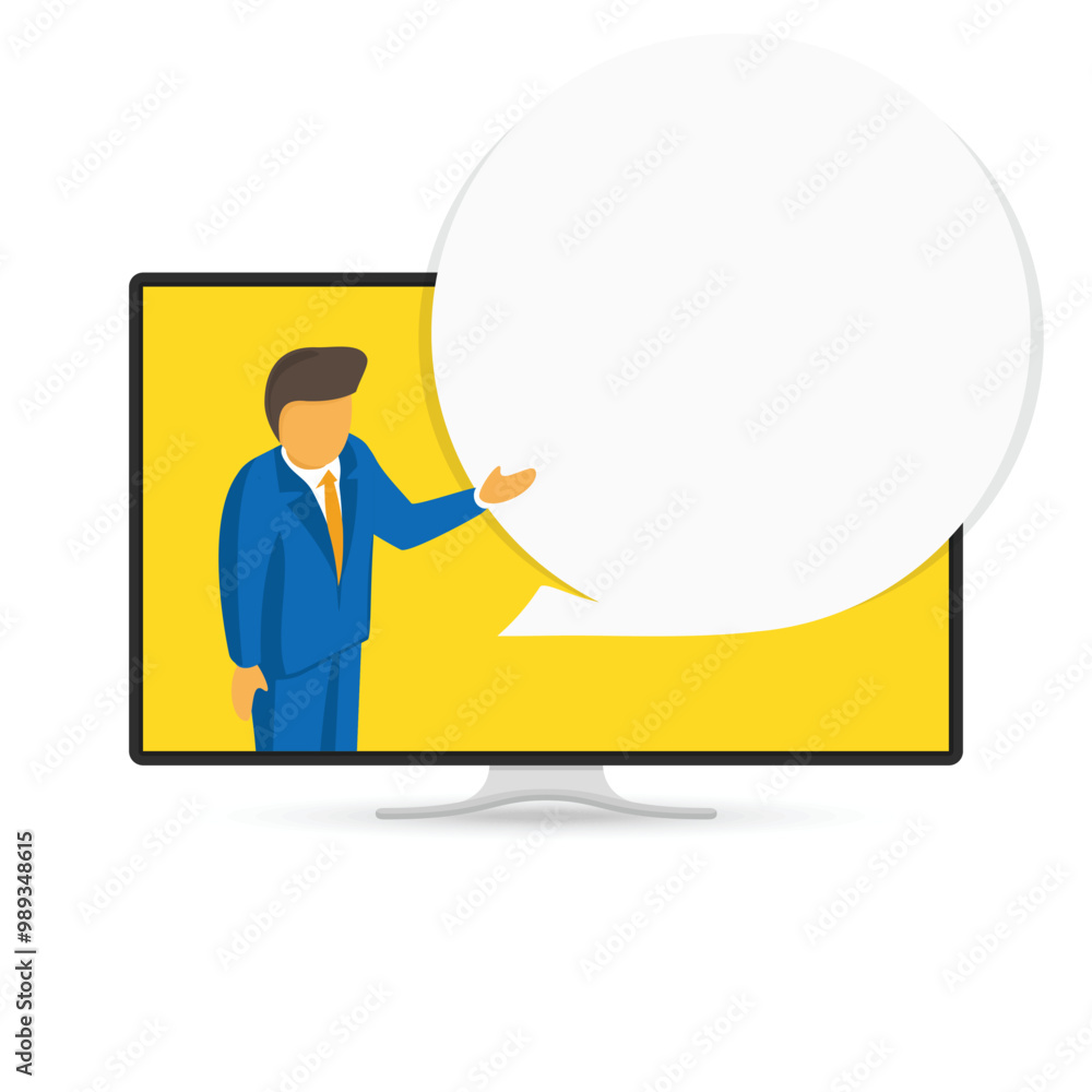 Businessman with speech bubble on TV screen. Plasma, panel or TV with speaking man. Businessman with speech bubble on TV screen. Plasma, panel or TV with speaking man.