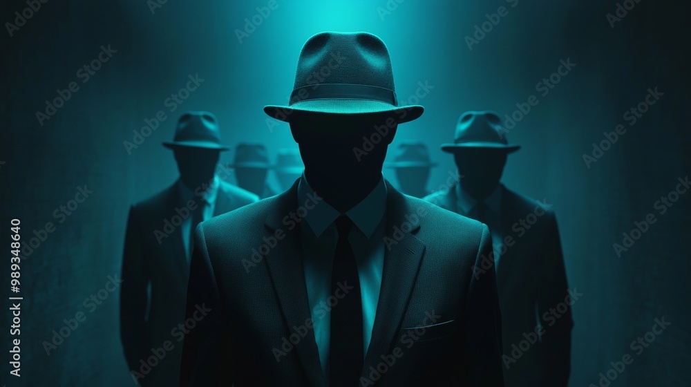 A man in a suit and hat stands in front of a group of men A man in a suit and hat stands in front of a group of men
