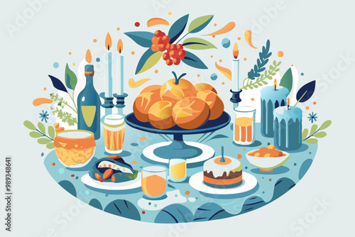 Festive Holiday Table Illustration with Traditional Food and Decorations
