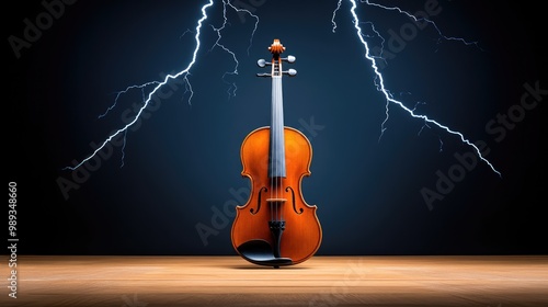 A striking violin illuminated by dramatic lightning on a dark stage, showcasing an ultra-realistic and high-detail composition photo