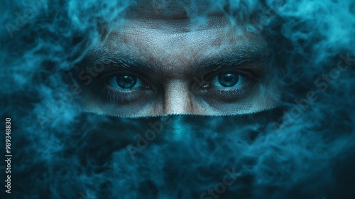 A man's face is obscured by smoke, with his eyes staring out into the distance