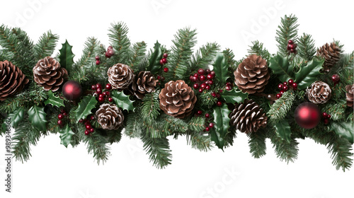 Festive Christmas Garland with Evergreen Pine, Holly Berries, and Pine Cones on White Background, ideal for holiday decor and seasonal celebrations