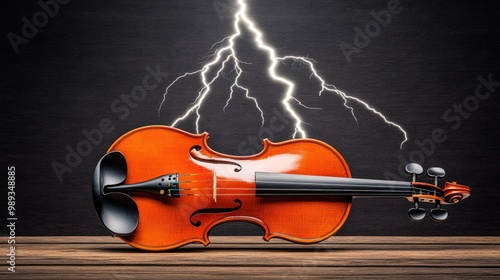 A striking violin illuminated by dramatic lightning on a dark stage, showcasing an ultra-realistic and high-detail composition photo