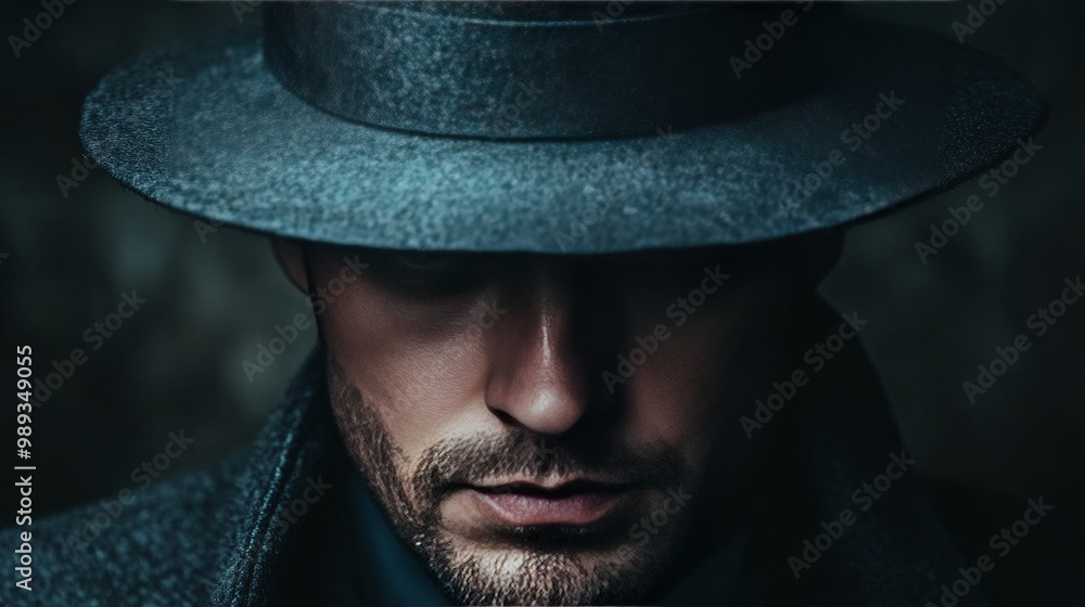 A man wearing a black hat and a dark coat A man wearing a black hat and a dark coat