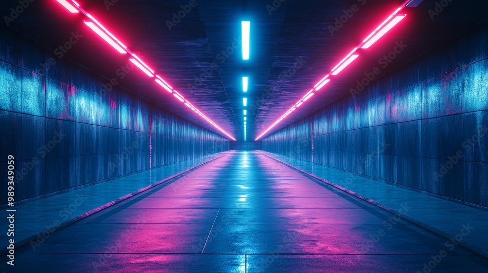 A long tunnel with neon lights on the ceiling A long tunnel with neon lights on the ceiling
