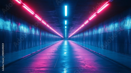 A long tunnel with neon lights on the ceiling