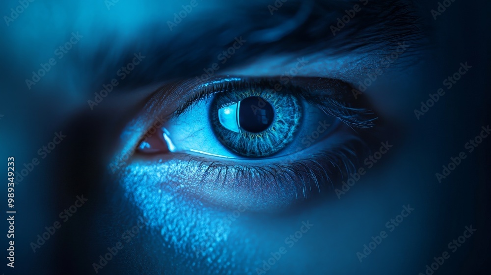Fototapeta premium A close up of a person's eye with a blue tint