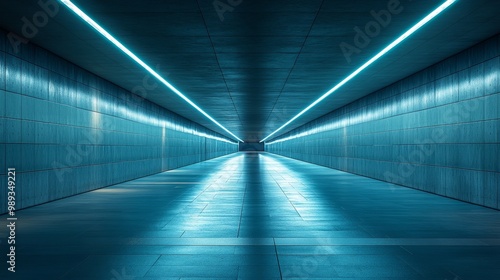 A long, narrow tunnel with blue lights shining down on the floor