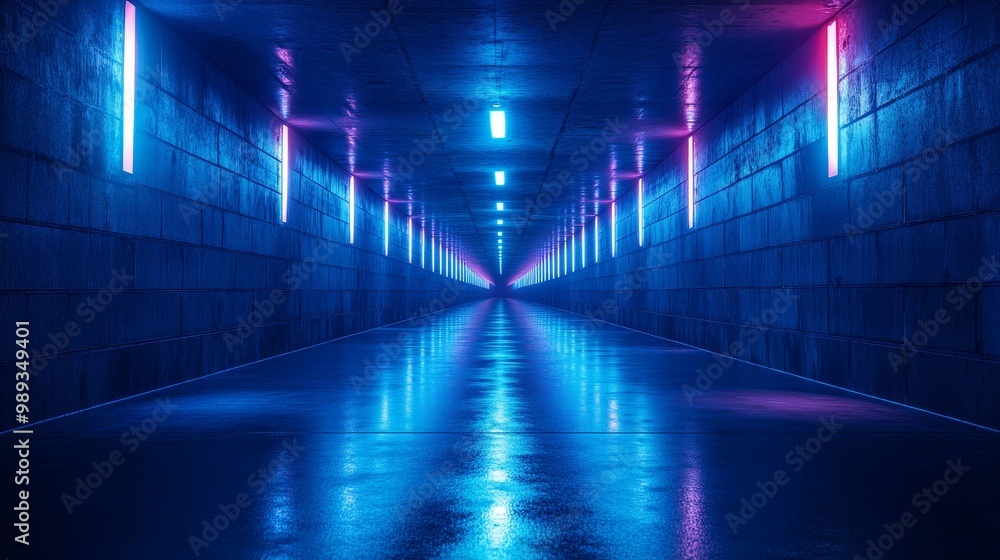 A long, narrow tunnel with neon lights on the ceiling A long, narrow tunnel with neon lights on the ceiling