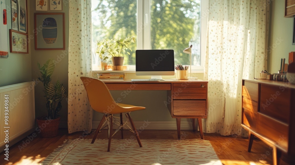 Fototapeta premium A miniature, mid-century inspired desk with a built-in storage cubby, in a bright playroom.