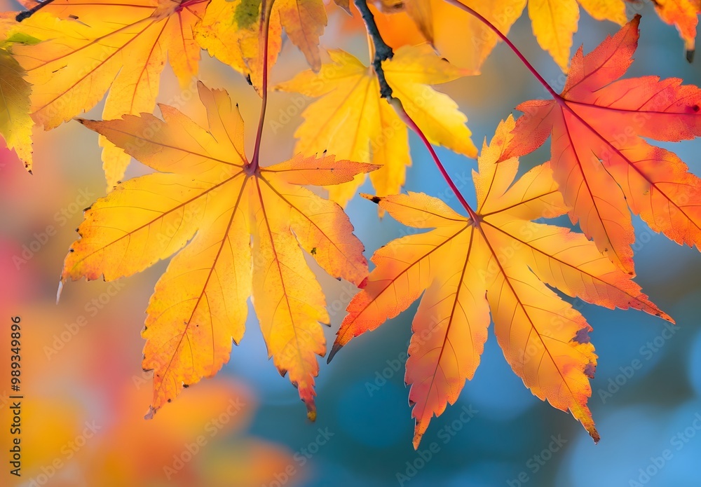 Close-Up Vibrant Autumn Maple Leaves, Chinese Art Style Close-Up Vibrant Autumn Maple Leaves, Chinese Art Style