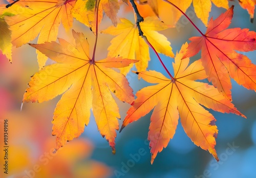 Close-Up Vibrant Autumn Maple Leaves, Chinese Art Style