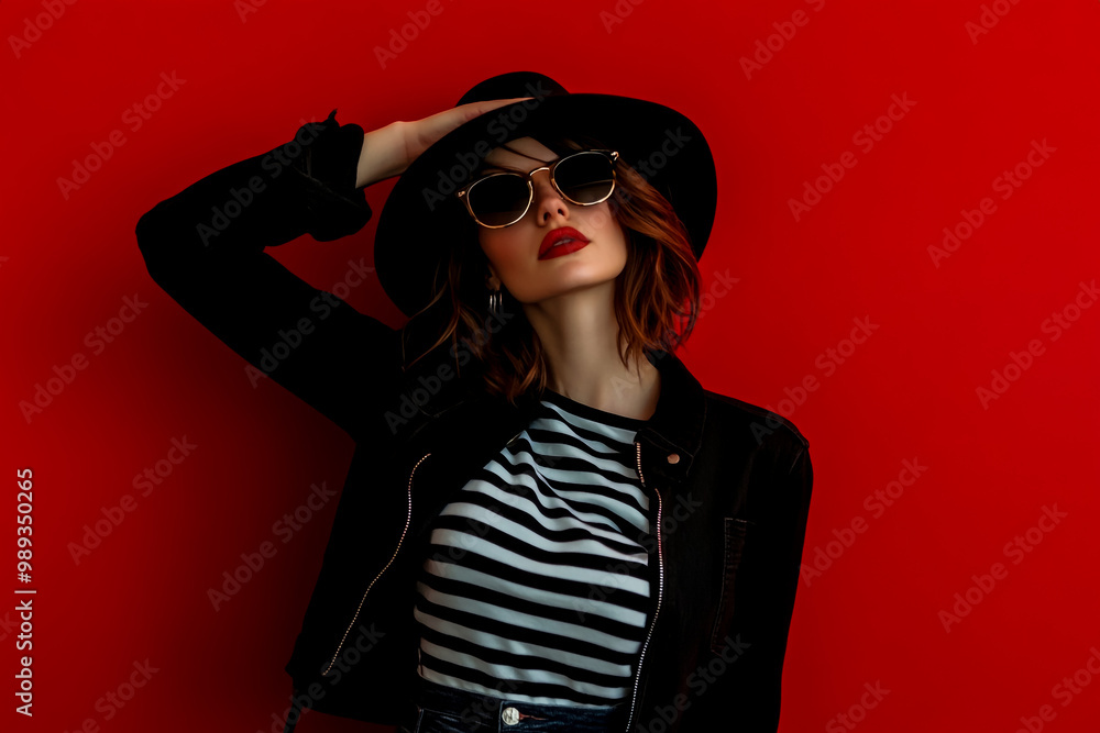 A stylish woman in sunglasses, a black jacket, and a striped t-shirt pose against a red background. A stylish woman in sunglasses, a black jacket, and a striped t-shirt pose against a red background.