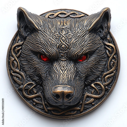 Intricate Bronze Wolf Sculpture with Red Eyes for Mythical Wall Art and Fantasy Home Decor photo