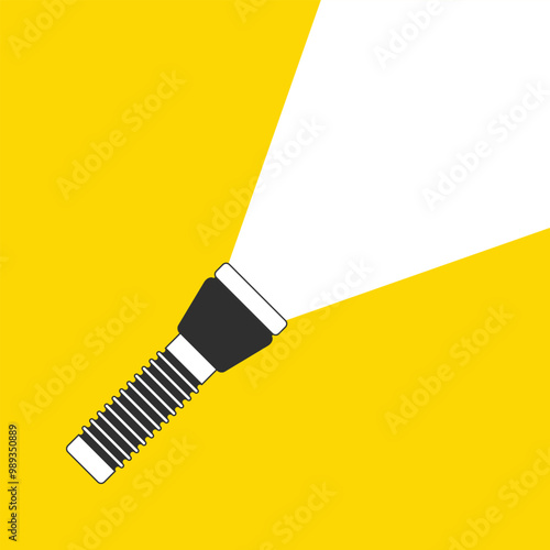 Flashlight icon with a ray of light in flat style. Shining flashlight, electric lantern lamp.