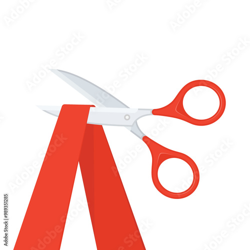 Grand opening concept. Scissors cutting the red ribbon isolated on white background. Silver scissors cut bright tape. 