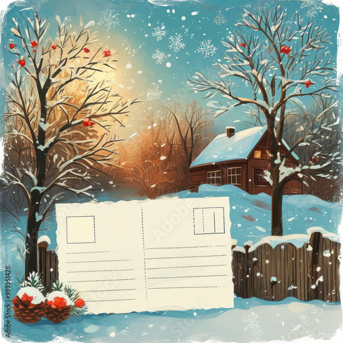 Christmas Cards with Rustic Snowy Landscapes. Christmas Greeting Cards with Snowy Winter Landscapes. Cozy Winter Holiday Cards with Snowy Winter Scenes. copy space