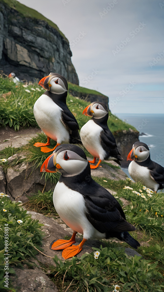 Naklejka premium A wide-angle shot of puffins nesting on a dramatic cliffside