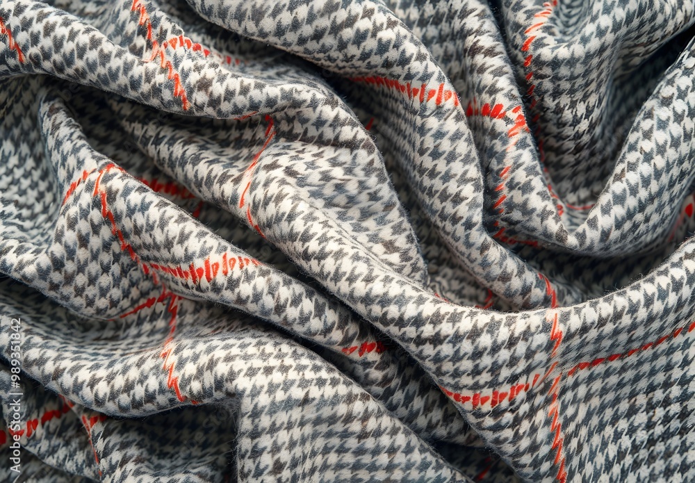 Grey Houndstooth Cashmere Fabric with Red Lines Grey Houndstooth Cashmere Fabric with Red Lines