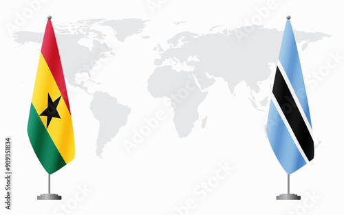 Ghana and Botswana flags for official meeting against background of world map.