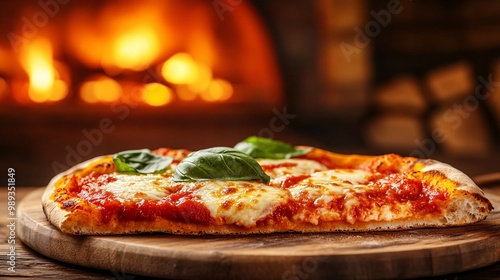 Wallpaper Mural Close up of a slice of pizza with mozzarella cheese and tomato sauce, garnished with basil leaves, on a wooden board with a blurry background of an oven. Torontodigital.ca