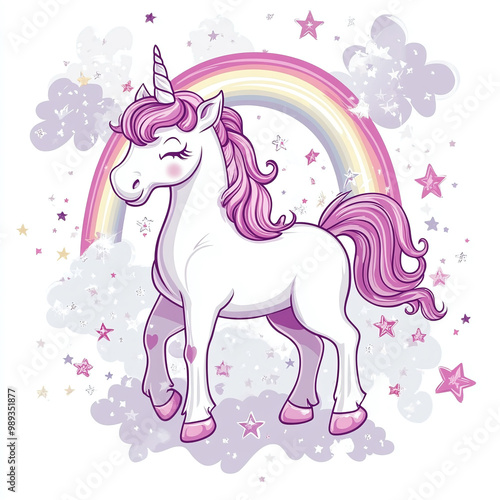 Cute Unicorn with Rainbow and Stars in Whimsical Pastel Fantasy Illustration for Children's Art photo