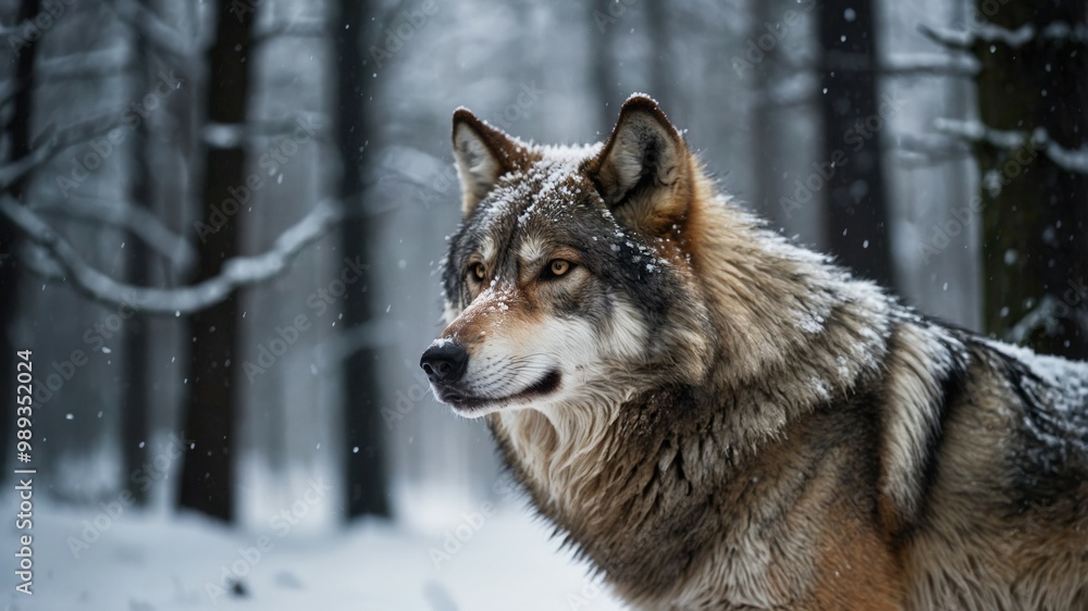 A powerful wolf standing alert in a snow-covered forest, showcasing its natural beauty and strength amidst winter scenery.
A powerful wolf standing alert in a snow-covered forest, showcasing its natural beauty and strength amidst winter scenery.