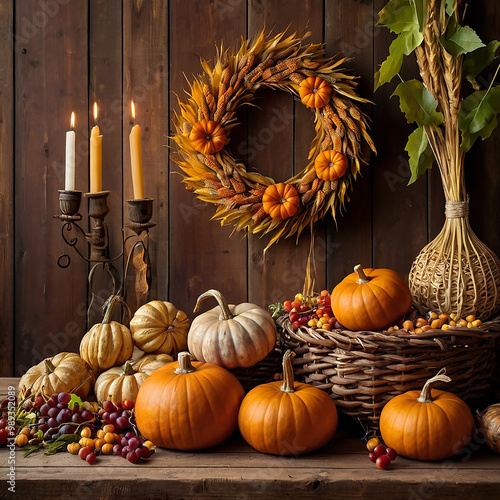 A table set with various pumpkins, corn cobs, and grape clusters