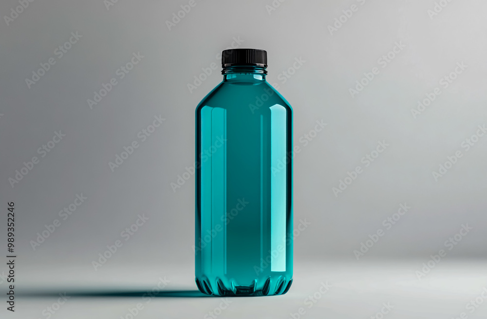 A teal plastic bottle with a black cap, filled with water, centered on a light gray background. A teal plastic bottle with a black cap, filled with water, centered on a light gray background.