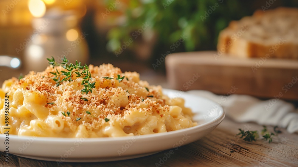 Close up of a white plate of macaroni and cheese topped with breadcrumbs and thyme on a wooden table. Close up of a white plate of macaroni and cheese topped with breadcrumbs and thyme on a wooden table.