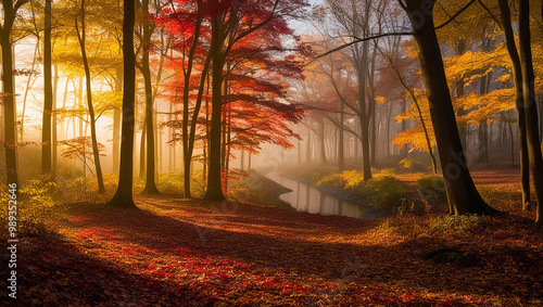 A dense forest in autumn, bathed in warm sunlight filtering through golden and red-leaved trees
