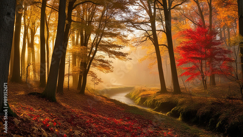 A dense forest in autumn, bathed in warm sunlight filtering through golden and red-leaved trees