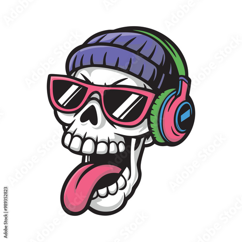 cheerful skull in glasses and headphones sticking out his tongue.vector illustration